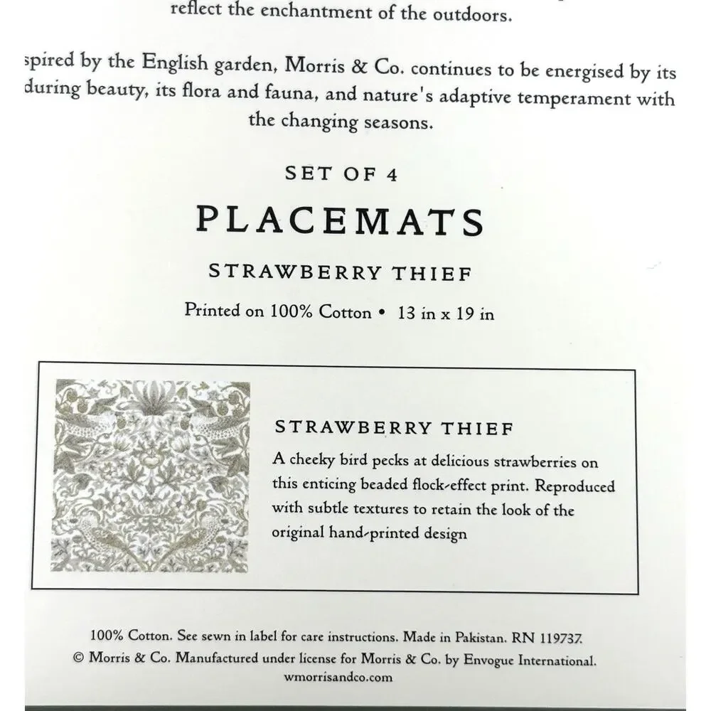 William Morris & Co Placemats Strawberry Thief Cotton Fabric 13x19 4 Sage Green